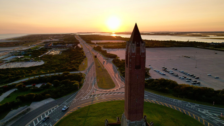 Aerial sunset shot of tower near Hempstead Bay
