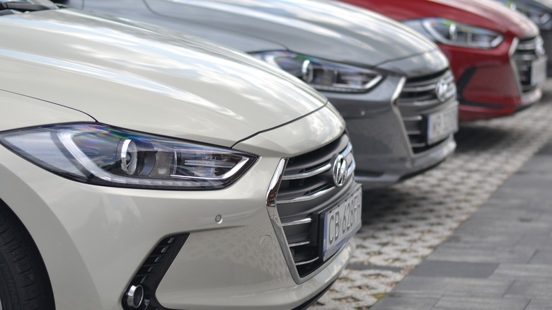 White, gray, and red Hyundai Elantra sedans parked in a row