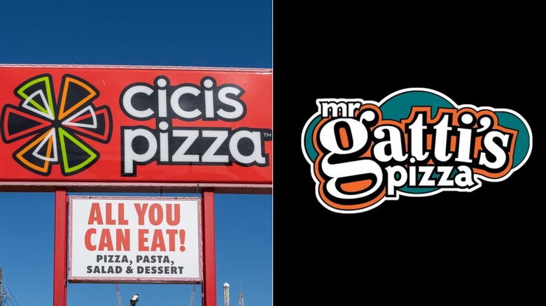 Side-by-side of CiCi's Pizza sign against a blue background and a Mr Gatti's Pizza logo against a black background.