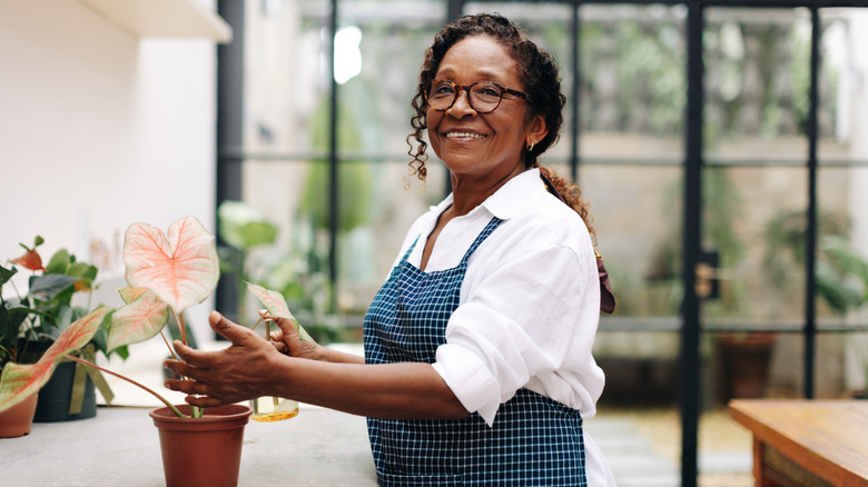 Senior woman working at plant store