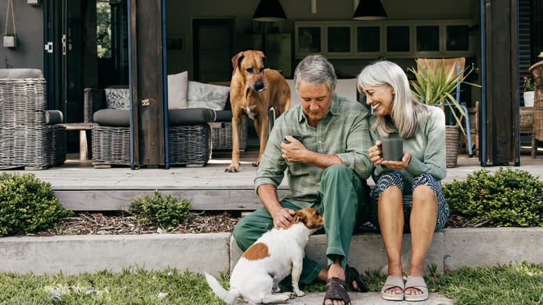 couple sitting outside house with dogs