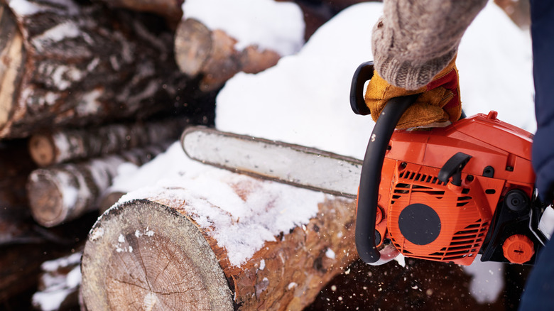 Person using chainsaw on a snow-covered log