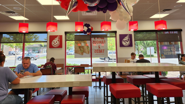 The inside of a nearly empty Jack in the Box restaurant.