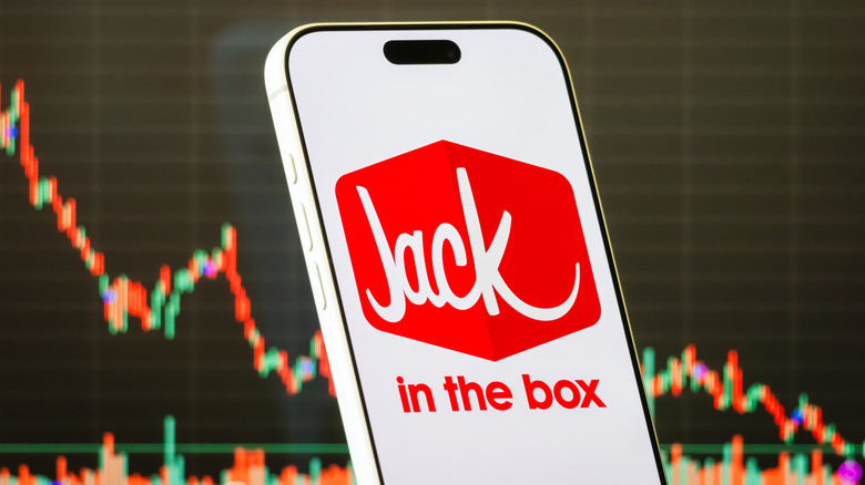 A phone with the jack in the Box logo against a white background with a stock chart graph in the background showing a decline.