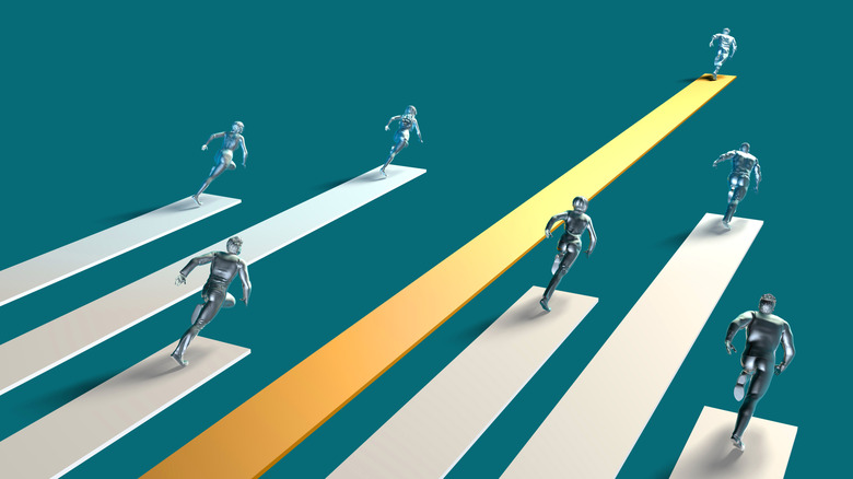 people figurines running away with a leader in gold