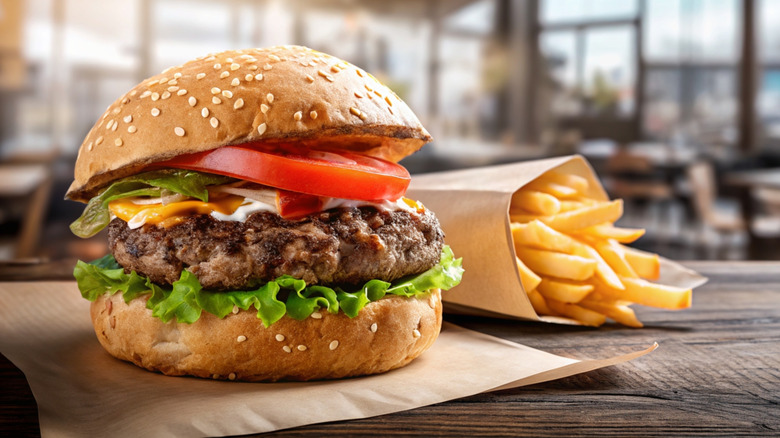 Shot of big beef burger on napkin next to open container of french fries