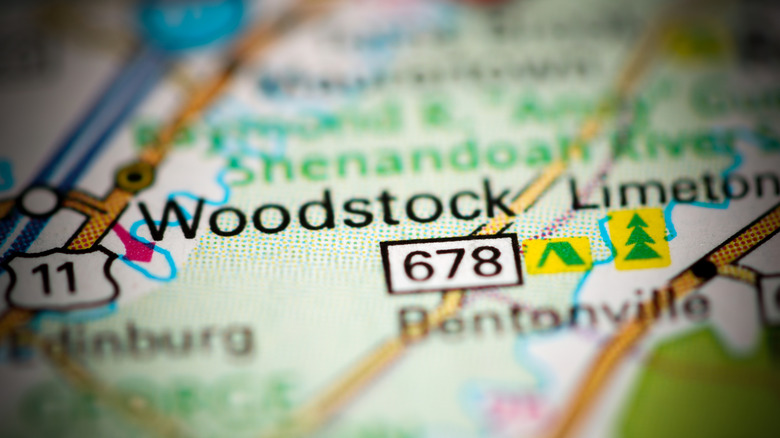 An extreme close-up of a map of Woodstock, Virginia, with the word "Woodstock" the most clear in the frame.