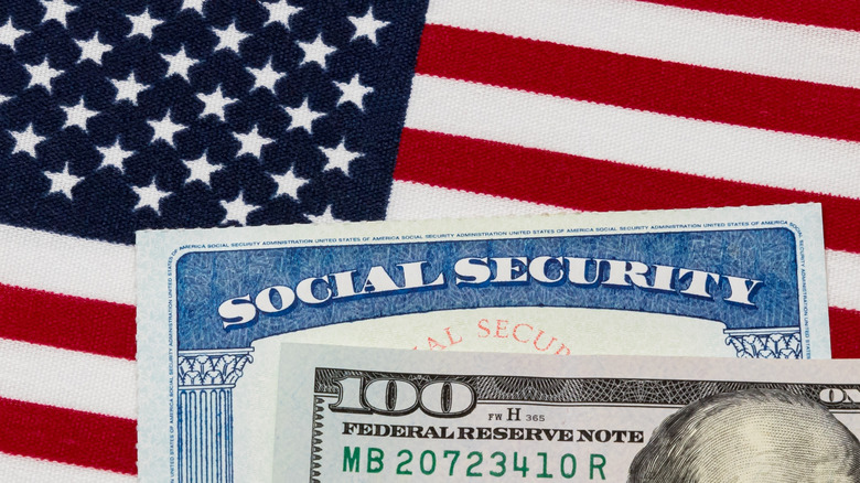 Social Security card, $100 bill, and American flag