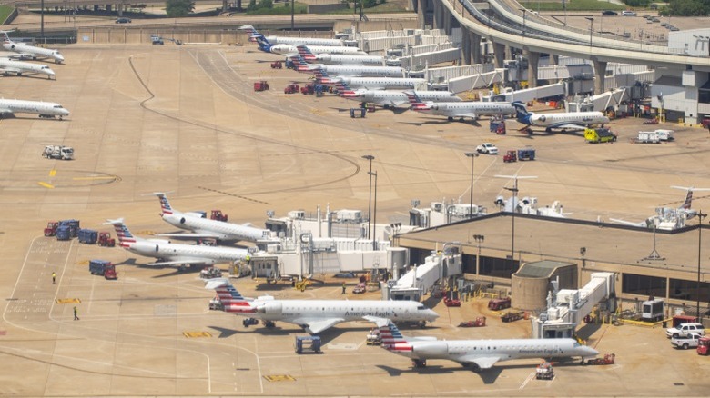 Overheard view of terminal E at Dallas Forth Worth International Airport