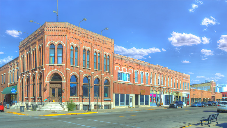 A historic brick building corner in Winona, Minnesota Great River Road