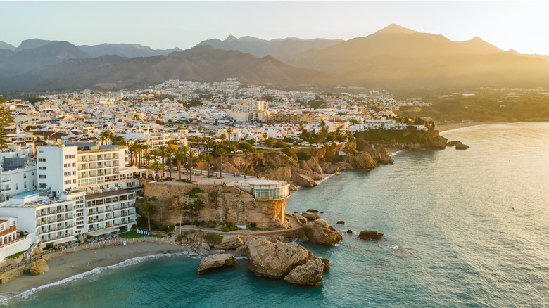 Aerial view of the famous mirador view point Balcon de Europa in Nerja resort town on Costa del Sol Mediterranean sea coast at sunrise in Andalusia, Spain