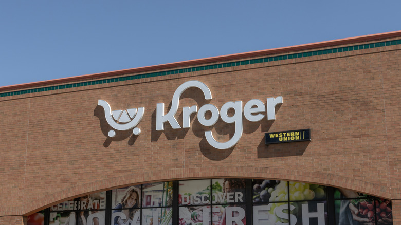 Storefront sign of a Kroger grocery store