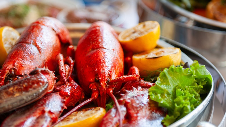 Lobster dish with lemons and lettuce