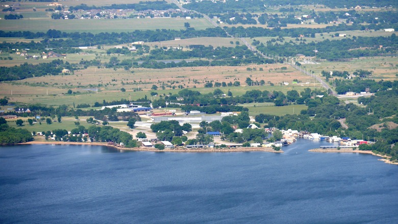 Aerial view of Lawton by a lake