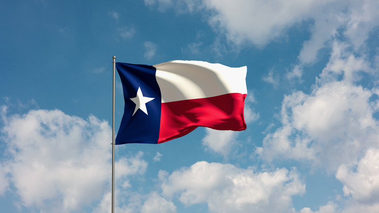 Texas Flag against cloudy sky.