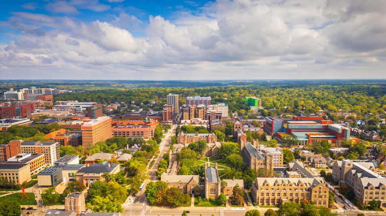 Skyline of Ann Arbor, Michigan against a cloudy sky