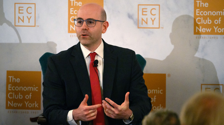 Stephen Miran addresses a crowd at an event sponsored by The Economic Club of New York
