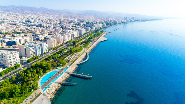 Aerial view of Molos Promenade park on coast of Limassol city centre,Cyprus