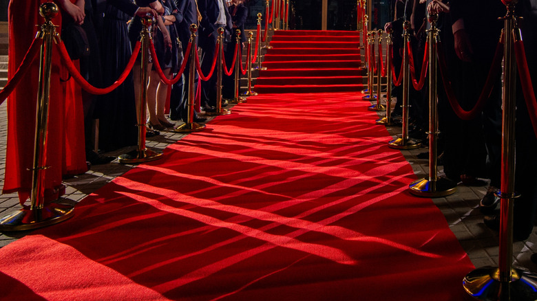 A red carpet lined with people leading to an event