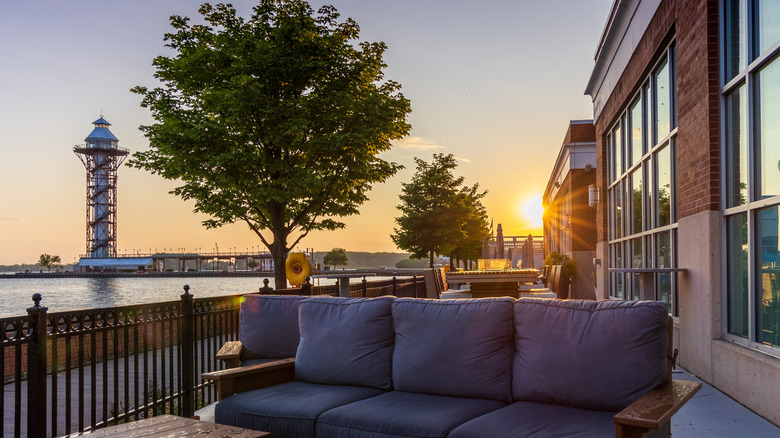 The sun rising over homes on the waterfront in Erie, Pennsylvania.