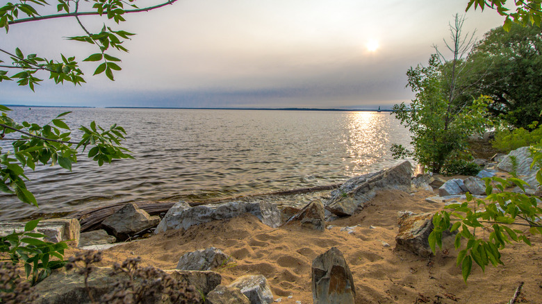 A beach in Escanaba, Michigan overlooking Lake Michigan.