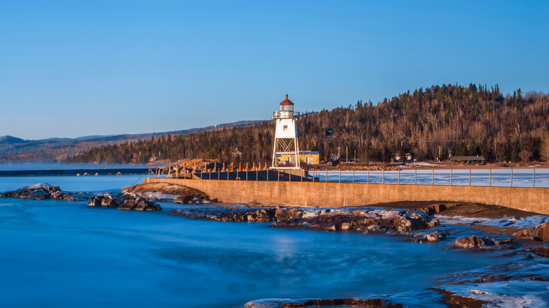 A lighthouse on the shores of Lake Superior in Grand Marais, Minnesota