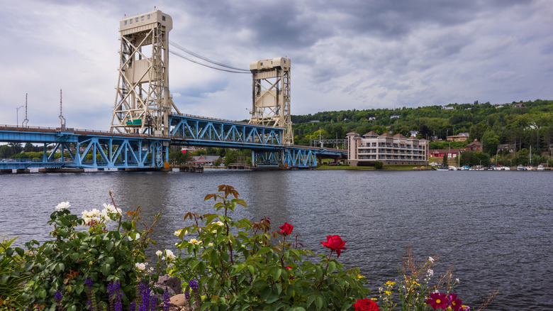A view of the Portage Lake Lift Bridge in Houghton Michigan from the waterfront.