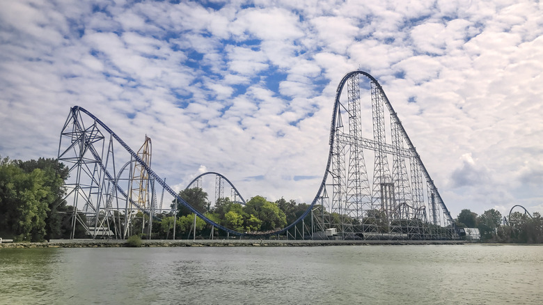 A view of a roller coaster at Cedar Park from Lake Erie.