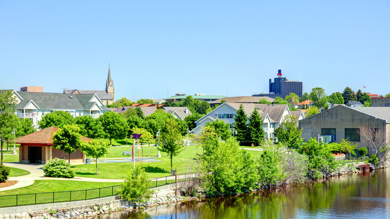 A waterfront view of houses by Lake Michgan in Sheboygan, Wisconsin.