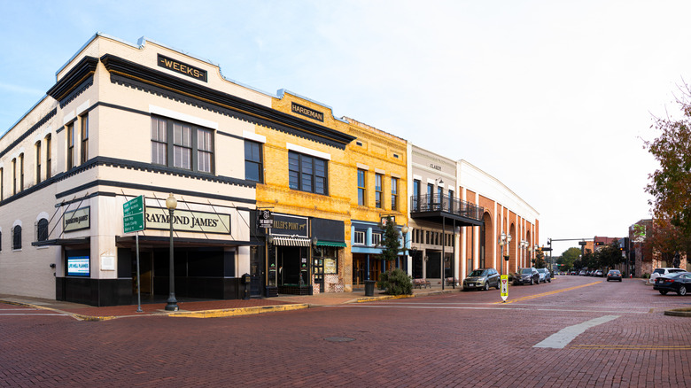Historic buildings on a red brick street