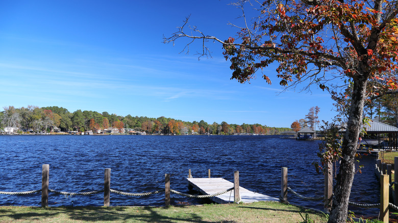 A boat dock overlooking tha lake in Fayetteville North Carolina