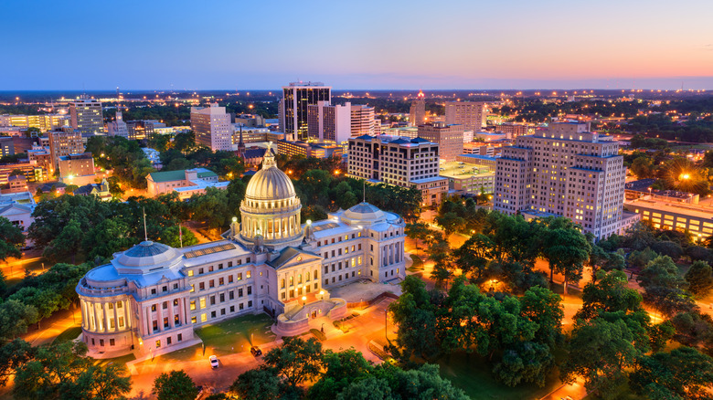 An overhead view of Jackson Mississippi's downtown area at twilight