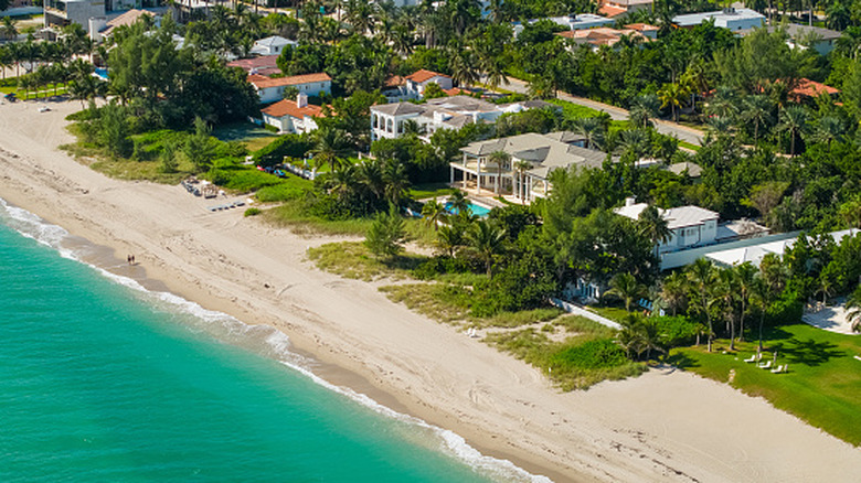An aerial view of houses on the shorline in Miami, Florida