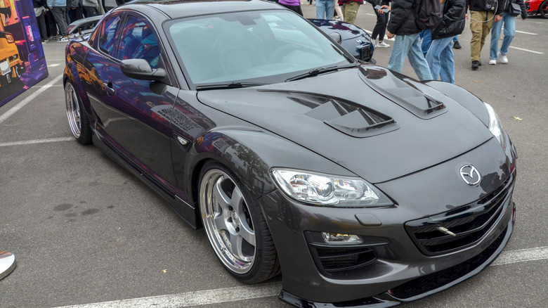 Front aerial view of 2018 black Mazda RX-8
