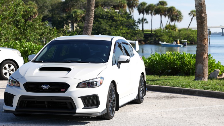 White subaru WRX STI parked in front of a water front