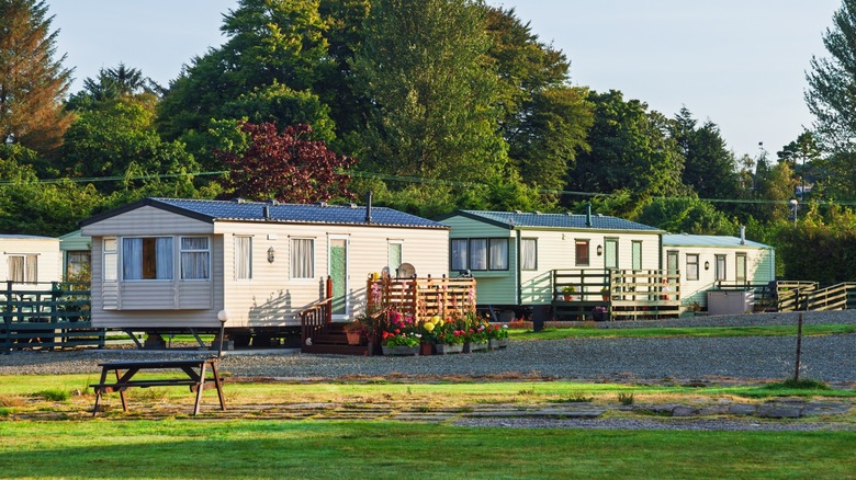 A row of mobile homes with porches and flower displays sits beside a grassy area surrounded by trees