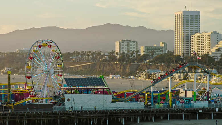 Ferris wheel and roller coaster on the Santa Monica pier.