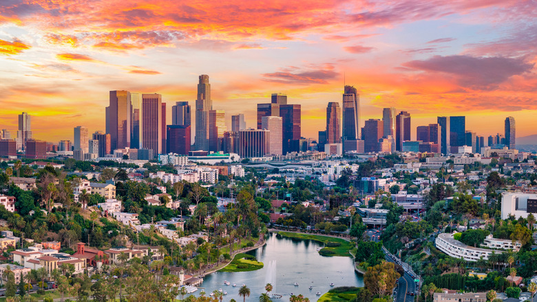 The Los Angeles, California skyline at dawn