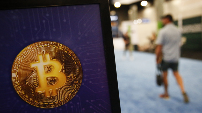 A Bitcoin logo at the Bitcoin 2022 Conference at the Miami Beach Convention Center in April 2022.