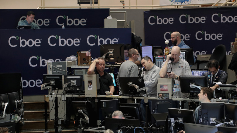 Contracts, including bitcoin futures, are traded at the Cboe Global Markets Exchange in Chicago in 2017.