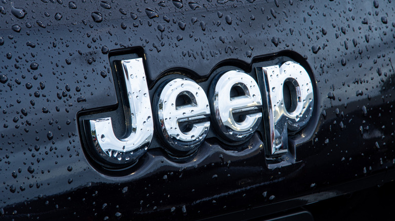 A close-up of the Jeep logo on the front of a Jeep.