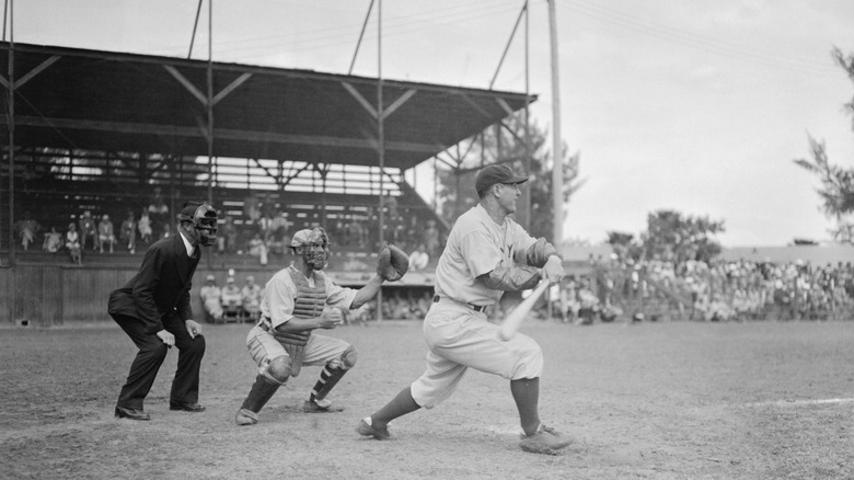 Yankee's player Lou Gehrig swings at a ball