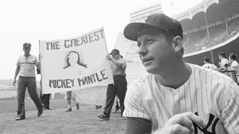 Mickey Mantle on opening day with sign