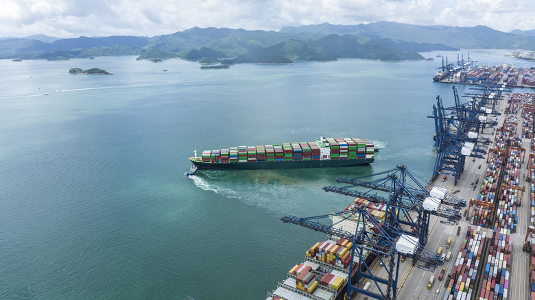 Cargo ship leaving Chinese port.