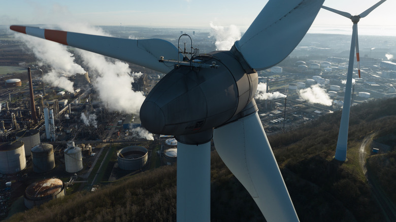 A close-up shot of a wind turbine in operation