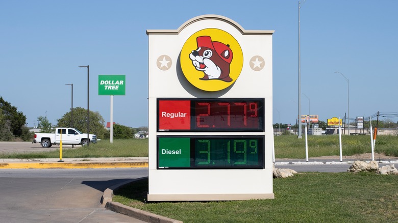 Gas and diesel prices on a sign outside of a Buc-ee's location