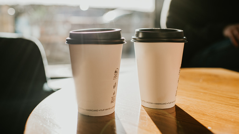 Two disposable coffee cups sitting on a sunlit table
