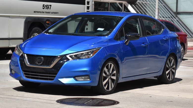 A Nissan Versa in the downtown financial district.