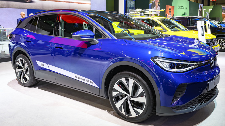 A blue Volkswagen ID.4 on display in Brussels in January 2025.