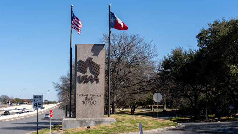 A sign for USAA's headquarters is seen along a road in San Antonio.